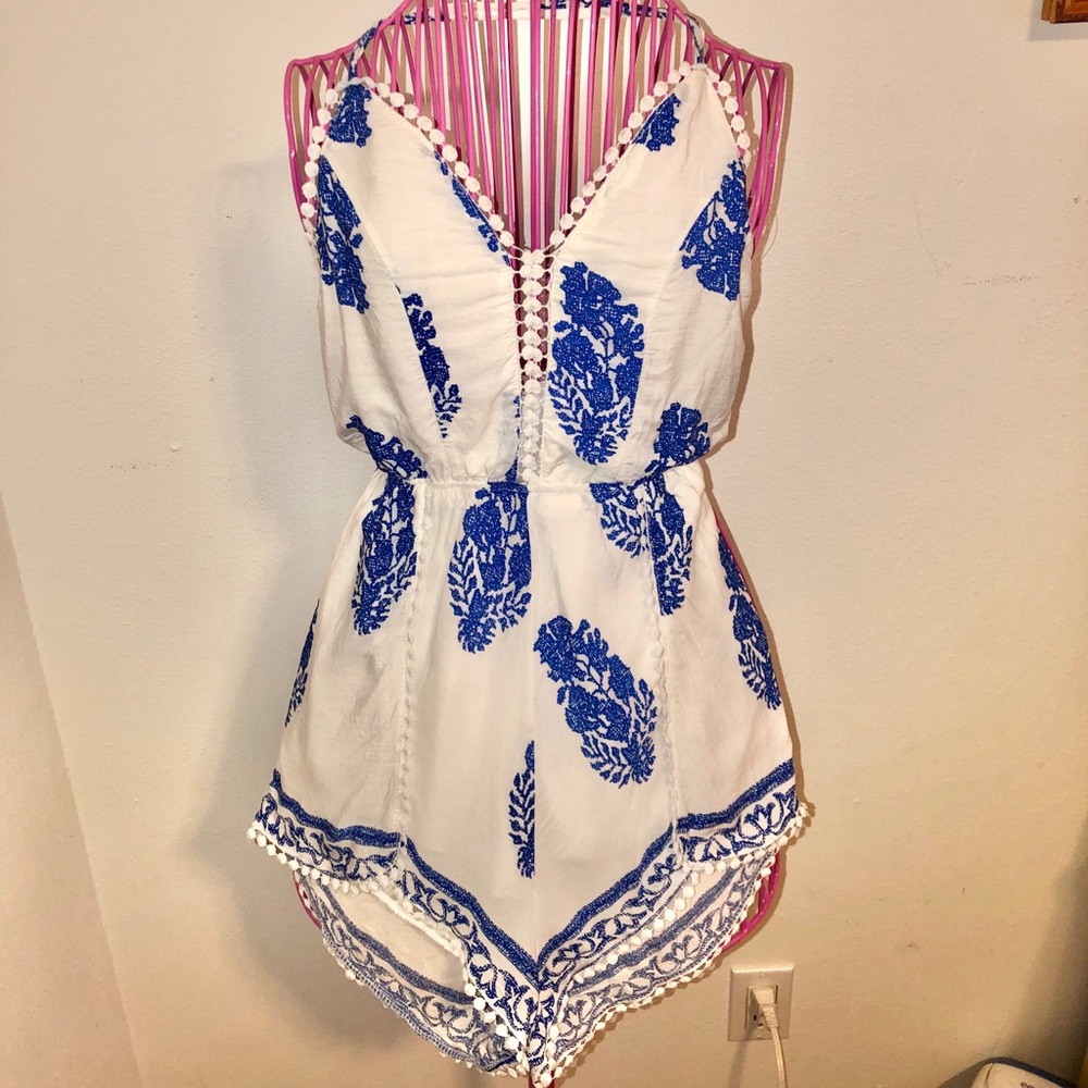 White and Blue Tropical Print Romper